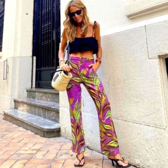 Zara Linen High Waisted Hi Rise Flare Patterned Pants Small - Picture 14 of 14